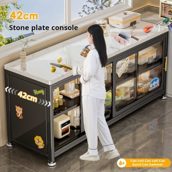 Rock slab kitchen storage rack, floor-standing multi-tiered sideboard cabinet with sliding doors, multifunctional small appliance storage cabinet - Image 3