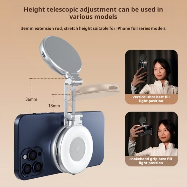 Mini Magnetic Beauty Light for Mobile Phones with Three Color Temperatures, Portable Selfie Mirror, Rotating and Extendable Pocket Light - Image 4